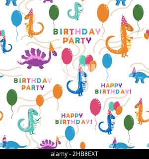 Nahtloses Muster mit niedlichen Dinosauriern. Dinosaurier feiern ihren Geburtstag mit Geschenken und Süßigkeiten. Nahtloses Muster mit niedlichen Dinosauriern Happy Birthday Stock Vektor