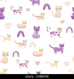 Nahtloses Kindermuster mit lustigen bunten Katzen und Regenbögen. Kreative skandinavische Kindertextur. Meow-Inschrift Stock Vektor
