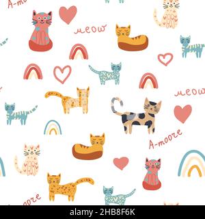 Nahtloses Kindermuster mit lustigen bunten Katzen und Regenbögen. Kreative skandinavische Kindertextur. Meow-Inschrift Stock Vektor