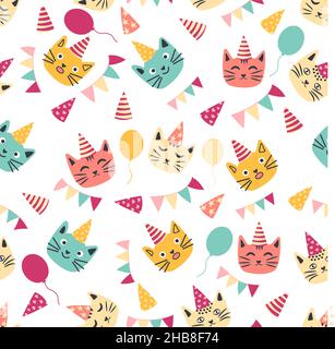 Nahtlose Muster der Geburtstagsfeier Elemente - Ballons, Geschenke, Flagge, Kuchen, niedliche Katze im Hut. Vorlage für Grußkarten zum Geburtstag. Farbige Girlande-Flaggen Stock Vektor