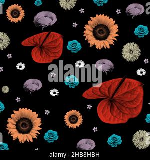 Illustration des nahtlosen floralen Hintergrunds auf dem dunklen Hintergrund Stockfoto