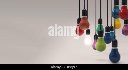 Glühende 3D-Glühlampe zwischen den anderen auf grauem Hintergrund. Führung, Innovation, große Idee und individuelle Konzepte. 3D Rendern. Stockfoto