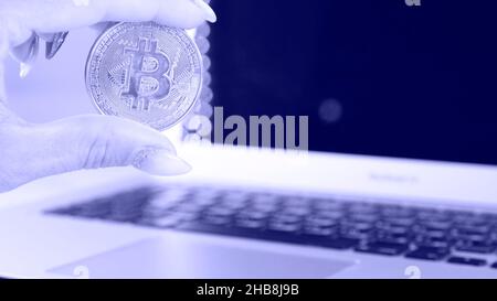 Münzen mit Bitcoin-Symbol auf dem Computer. bitcoin sitzt auf der Tastatur des Laptops. Krypto-Währungskonzept. Sehr perigetöntes Bild. Speicherplatz kopieren. Stockfoto