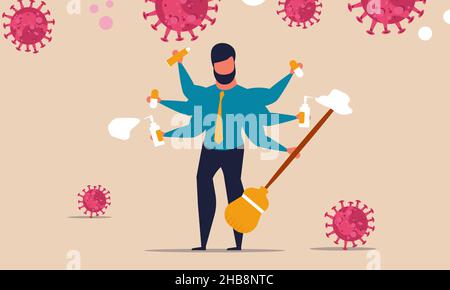 Mehrere Hände der Mann putzt und wäscht das Virus. Schutz von Menschen vor Coronaviren zu Hause. Vektor-Illustration für das Gesundheitswesen. Kill t Stock Vektor