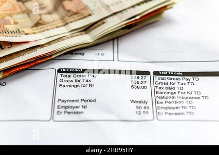 Ein Gehaltsnachweis für Mitarbeiter, auf dem die Einnahmen und Steuerabzüge mit einigen Banknoten dargestellt sind. Stockfoto