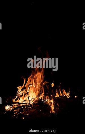 Nachts brennt ein Feuer. Feine Äste im Feuer. Das Feuer anzünden. Stockfoto