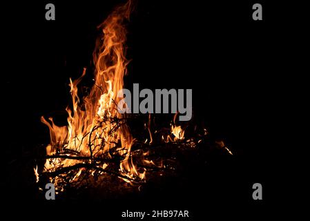 Nachts brennt ein Feuer. Feine Äste im Feuer. Das Feuer anzünden. Stockfoto