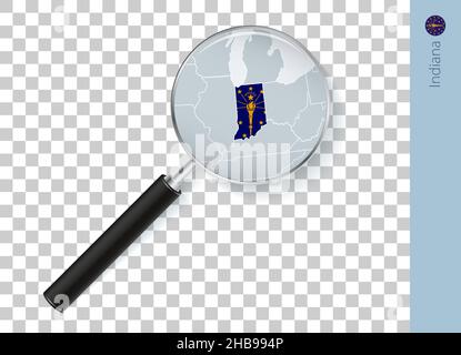 Indiana-Karte mit Flagge in Lupe auf transparentem Hintergrund. Vektorlupe mit Karte. Stock Vektor