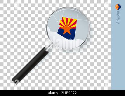 Arizona-Karte mit Flagge in Lupe auf transparentem Hintergrund. Vektorlupe mit Karte. Stock Vektor