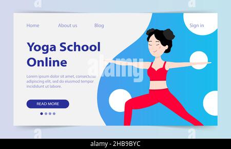 Yoga-Kurse online. Landing Page. Website Yoga-Schule. Ein hübsches asiatisches Mädchen zeigt eine Asana. Yoga-Training über das Internet. Vektorgrafik. Stock Vektor