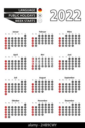 Deutscher Kalender 2022 mit Zahlen in Kreisen, Woche beginnt am Sonntag Vektorgrafik. Stock Vektor