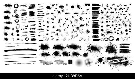 Satz Grunge-Elemente aus Blots. Farbflecken schwarzer Fleck-Hintergrund. Grunge Design-Element. Pinselstriche. Rahmen für Text. Vektorgrafik Stock Vektor