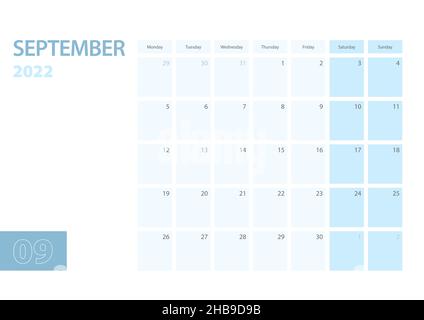 Kalendervorlage für den 2022. September beginnt die Woche am Montag. Der Kalender ist in blauer Farbe gehalten. Vektorgrafik. Stock Vektor