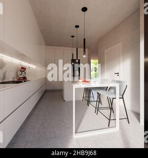 3D Rendering der modernen, zeitgenössischen Küche in ganz weiß in voller Höhe vom Boden bis zur Decke und zentralen Tisch mit Barstühlen Stockfoto