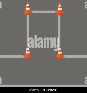 Satz von gestreiften roten Verkehrskegel-Symbolen auf grauem Straßenhintergrund Stockfoto