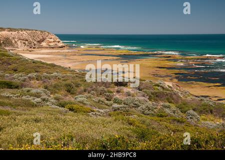 Cheviot Beach an der Bass Strait, wo der australische Premierminister Harold Holt im Dezember 1967 beim Schwimmen verschwand, Point Nepean, Victoria Stockfoto