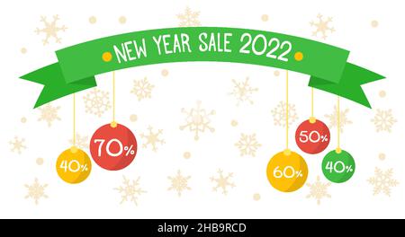 Horizontaler Winter Sale Banner Happy New Year Inschrift, Text auf einem Band mit Kugeln mit Prozent und Rabatte. Für Einzelhandel und Online-Shops, Site-Header mit Schneeflocken um. Vektorgrafik Stock Vektor