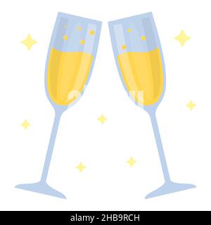 Zwei dünne Gläser mit Champagner und Blasen, Sterne um, flacher Stil. Tassen mit Schatten und Lichtern. Designoobjekte, Dekorelemente für die Speisekarte und das Restaurant. Geeignet für Markenlogo. Stock Vektor