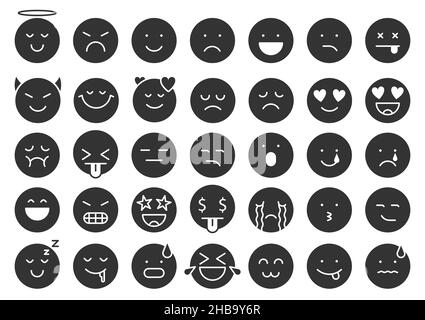 Emoji Gesichter Symbol einfache schwarze Silhouette gesetzt. Emotion Icon Kommunikation Social Network Messenger Website. Stempel Kleidung oder Typografie runde Form Siegel Aufdruck Abzeichen Chat Aufkleber auf weiß isoliert Stock Vektor