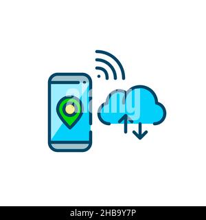 Standort der Smartphone-App-Freigabe und Verbindung zu einem Cloud-Datenspeicher. Pixel perfekt, editierbare Kontur farbenfrohes Symbol Stock Vektor