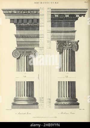 Illustration der alten und modernen ionischen Orden. Kupferstich aus der Encyclopedia Londinensis, oder, Universal Dictionary of Arts, Sciences and Literature; Band II. Herausgegeben von John Wilkes. Veröffentlicht 1810 in London, Großbritannien. Stockfoto