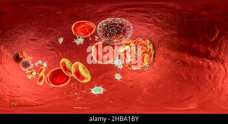 Blutgerinnsel aus roten Blutkörperchen, Blutplättchen und Fibrin-Eiweißsträngen. 360 Grad VR-Panoramaansicht, Illustration. Stockfoto