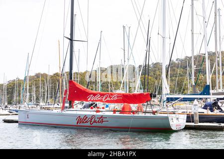 Wild Oats X Rennsegelyacht liegt im Royal Prince Alfred Yacht Club in Bayview Pittwater, Sydney, Australien Stockfoto