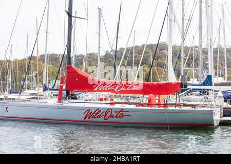 Wild Oats X Rennsegelyacht liegt im Royal Prince Alfred Yacht Club in Bayview Pittwater, Sydney, Australien Stockfoto