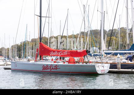 Wild Oats X Rennsegelyacht liegt im Royal Prince Alfred Yacht Club in Bayview Pittwater, Sydney, Australien Stockfoto