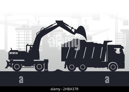 Stadthintergrund mit Gebäuden im Bau und Silhouetten von schweren Maschinen mit Radbagger füllen einen LKW mit Materialien Stock Vektor