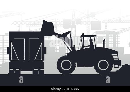 Silhouetten schwerer Maschinen, bei denen der Fahrer einen Frontlader fährt und einen LKW mit Materialien über eine Stadt im Bau füllt Stock Vektor