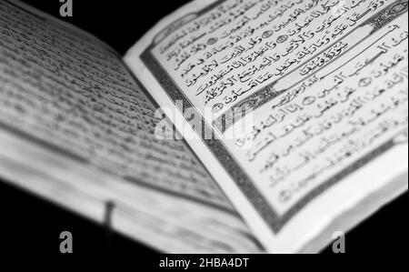 Schwarz-Weiß offenes heiliges koranbuch auf schwarzem Hintergrund mit selektivem Fokus Stockfoto