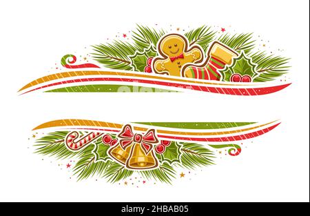 Vektor-Weihnachtsumrandung mit Kopierraum, horizontale Vorlage mit Darstellung von weihnachtssymbolen, saisonalen Pflanzen und bunten Zierstreifen f Stock Vektor