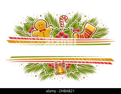 Vektor-Weihnachtsumrandung mit Kopierraum, horizontale Vorlage mit Darstellung von weihnachtssymbolen, saisonalen Pflanzen und bunten Zierstreifen f Stock Vektor