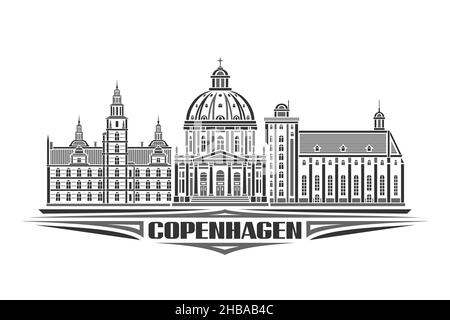 Vektor-Illustration von Kopenhagen, monochromes horizontales Poster mit linearem Design kopenhagener Stadtlandschaft, urbanes Linienkunstkonzept mit dekorativer lette Stock Vektor