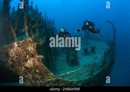 Scuba Diver erkunden Stern von Maldive Victory Wreck, Hulhule, Nord Male Atoll, Malediven Stockfoto