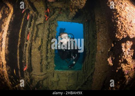 Scuba Diver erkunden Stern von Maldive Victory Wreck, Hulhule, Nord Male Atoll, Malediven Stockfoto