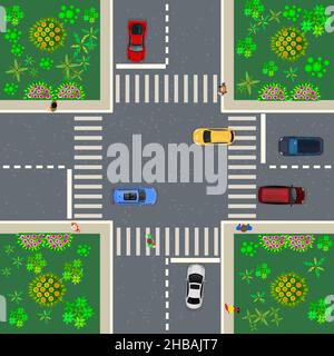 Crossroad Blick von oben mit Autos, Straßen und Menschen auf Bürgersteig und Crosswalks. Von oben Blick auf die Stadt. Straße urban mit Transport auf der Kreuzung. Vektor Stock Vektor