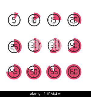 Stoppuhrsymbole, die die Zeit anzeigen. 5 - 60 Minuten oder Sekunden. Satz minimalistischer Vektor-Timer. Küchenzeitgeber-Konzept. Stock Vektor