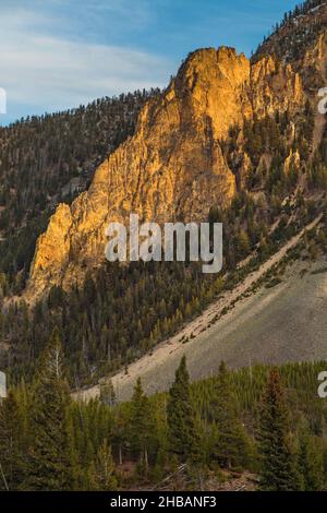 Flanken des Bunson Peak im späten Nachmittagslicht. Yellowstone-Nationalpark, Wyoming, Vereinigte Staaten von Amerika. Bunsen Peak el. 8564 Fuß ist ein prominenter Gipfel südlich von Mammoth Hot Springs im Yellowstone National Park, Wyoming. Der Gipfel liegt an der Ostflanke des Kingman Passes auf dem Abschnitt Mammoth to Norris der Grand Loop Road. Eine einzigartige, optimierte Version eines Bildes von NPS Ranger JW Frank; Quelle: NPS/Jacob W. Frank Stockfoto