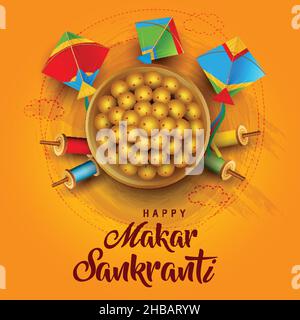 Indian Festival Happy Makar Sankranti Poster Design mit Gruppe von bunten Drachen. vektor-Illustration Design. Stock Vektor