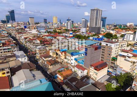 Blick von oben auf die Innenstadt von Phnom Penh, Kambodscha Stockfoto