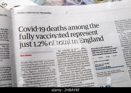 „Covid-19-Todesfälle unter den vollständig geimpften Menschen machen nur 1,2 % der Gesamtzahl in England aus“, titelt Artikel der Zeitung Guardian vom 14. September 2021 London UK Stockfoto