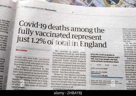 „Covid-19-Todesfälle unter den vollständig geimpften Menschen machen nur 1,2 % der Gesamtzahl in England aus“, titelt Artikel der Zeitung Guardian vom 14. September 2021 London UK Stockfoto