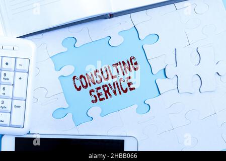 Textunterschrift mit Darstellung des Consulting Service. Experten für Geschäftskonzepte, die einem Dritten Wissen für eine Gebühr zur Verfügung stellt, um ein unfertiges Weiß zu bauen Stockfoto