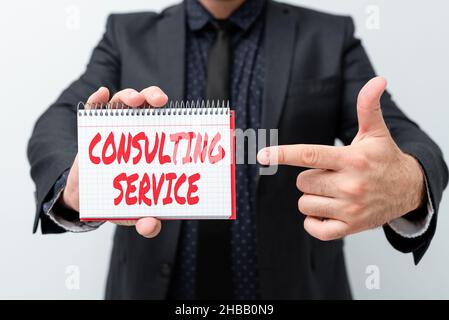 Textunterschrift mit Darstellung des Consulting Service. Experten für Geschäftskonzepte, die einem Dritten gegen eine Gebühr Wissen bieten und neue Pläne und Ideen präsentieren Stockfoto