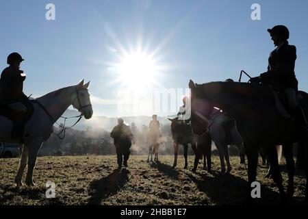 Melrose, Großbritannien. 18th Dez 2021. Die Lauderdale Foxhounds treffen sich am Samstag, den 18. Dezember 2021, im Pavillon bei Melrose. Lauderdale FH, Master and Huntsman, Mrs. Claire Bellamy MFH ( Quelle: Rob Gray/Alamy Live News Stockfoto