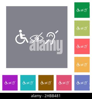 Behindertensymbole flache Symbole auf einfachen farbigen quadratischen Hintergründen Stock Vektor