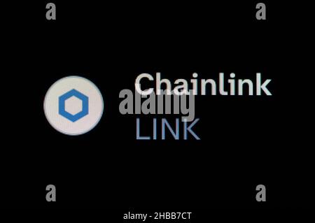 Villingen Schwenningen, Deutschland. 14th Dez 2021. Das Logo der Kryptowährung Chainlink (LINK) ist auf der Handelsplattform Coinbase zu sehen. Kredit: Silas Stein//dpa/Alamy Live Nachrichten Stockfoto