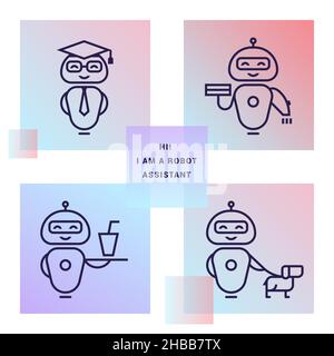 Eine Sammlung von Roboterassistenten mit verschiedenen Werkzeugen und Outfits. Vier farbige Roboter. Stock Vektor